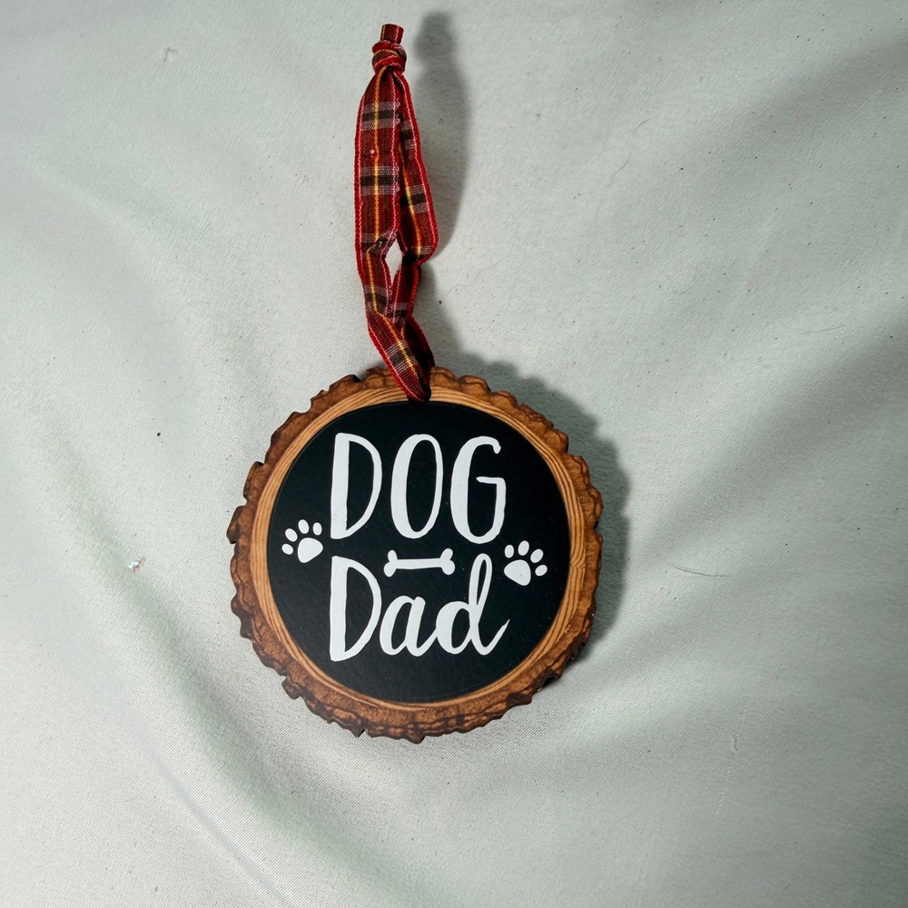 Hobby Lobby Dog Dad Wood Slice Style Ornament Plaid Ribbon Faux Bark MDF